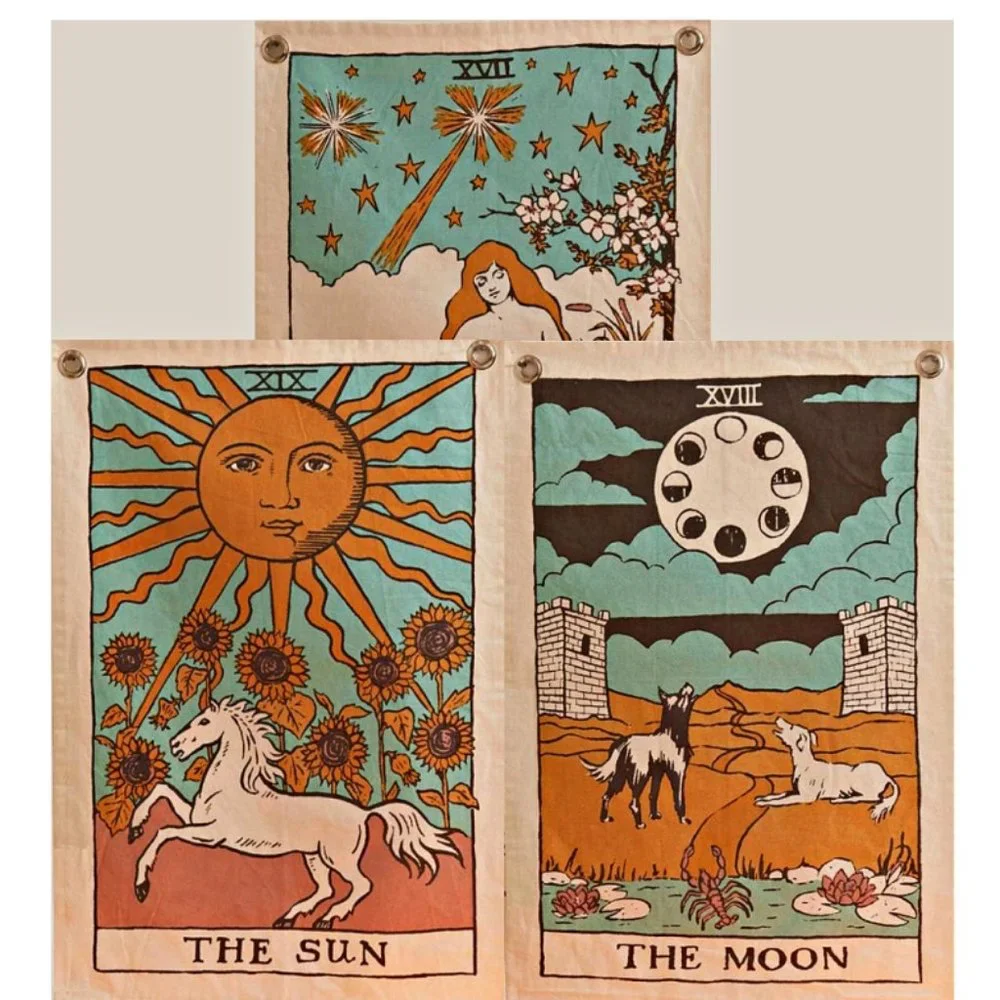 SET of 3 Twin Size Sun Moon Star Celestial Tarot Boho Decor Dorm Wall Tapestry